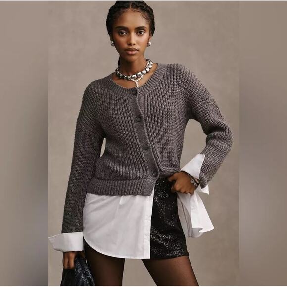 Anthropologie Dark Gray Cropped Knit Twofer Shirt Cardigan Sweater Size Small - Picture 1 of 7